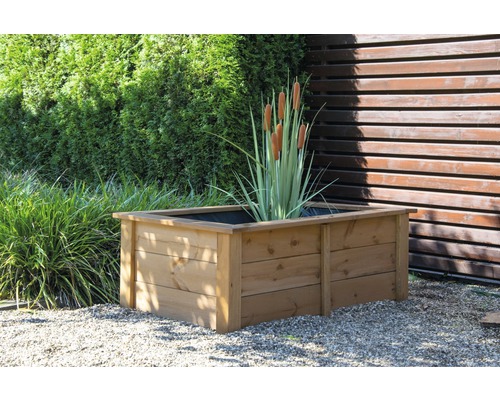 Holzpflanzkasten mit Rohrkolben im Garten