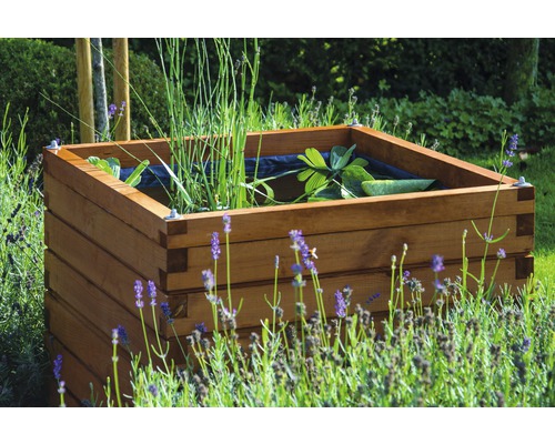 Quadratischer Teich aus Holz mit Wasserpflanzen im Garten