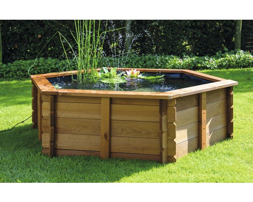 Sechseckiger Gartenteich aus Holz mit Wasserpflanzen und Seerose