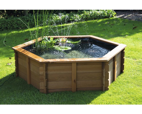 Hexagonaler Teich aus Holz mit Wasserfontäne und Wasserpflanzen im Garten
