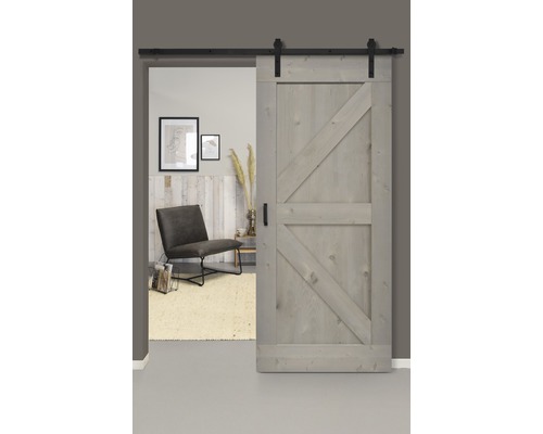 Schiebetür-Komplettset Barn Door Vintage grau grundiert British gerade 95x215 cm inkl. Türblatt,Schiebetürbeschlag,Abstandshalter 35mm und Griff-Set-0