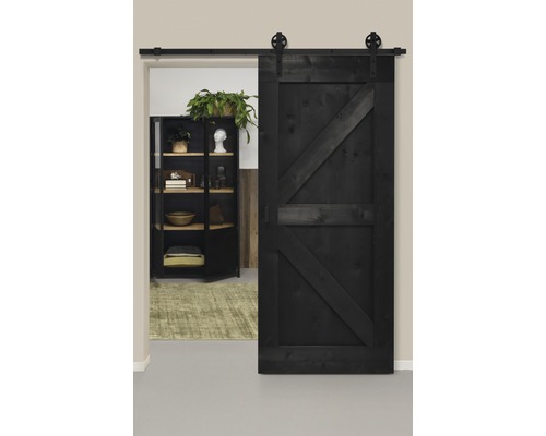 Schiebetür-Komplettset Barn Door Vintage schwarz grundiert British Speichen 95x215 cm inkl. Türblatt,Schiebetürbeschlag,Abstandshalter 40 mm und Griff-Set