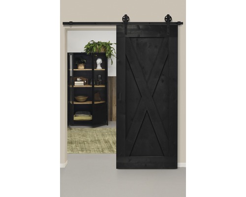 Schiebetür-Komplettset Barn Door Vintage schwarz grundiert XBrace Speichen 95x215 cm inkl. Türblatt,Schiebetürbeschlag,Abstandshalter 40 mm und Griff-Set