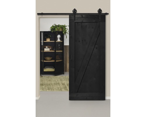 Schiebetür-Komplettset Barn Door Vintage schwarz grundiert ZBrace Speichen 95x215 cm inkl. Türblatt,Schiebetürbeschlag,Abstandshalter 40 mm und Griff-Set