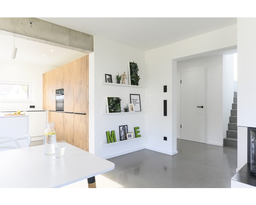 Helles Wohnzimmer mit Küche, Regalen und Esstisch