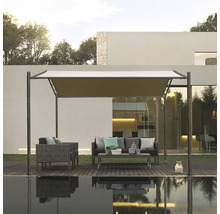 Gartenszene mit Pavillon, Sofa, Sessel und Tisch am Pool
