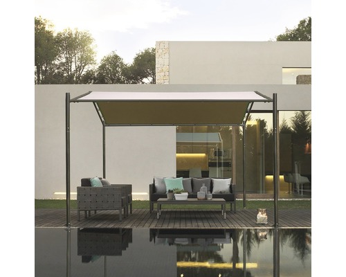 Gartenszene mit Pavillon, Sofa, Sessel und Tisch am Pool