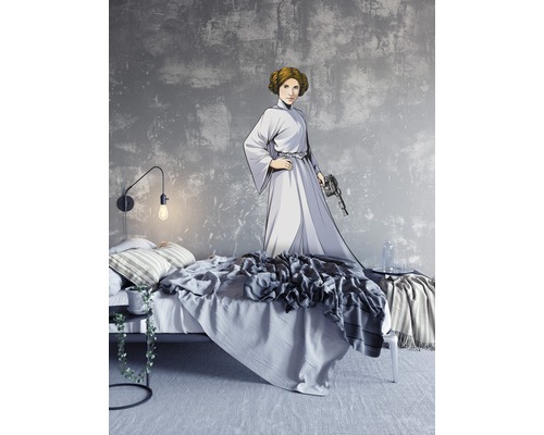 Schlafzimmer mit Bett und Star Wars Prinzessin Leia Wandtattoo