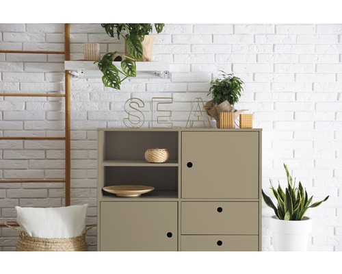 Modernes Wohnzimmer mit Schrank, Pflanzen und Dekoration vor einer Ziegelwand