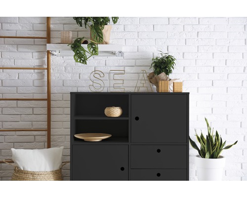 Schwarzes Sideboard mit Dekorationen, Pflanzen und Leiter vor einer Backsteinwand