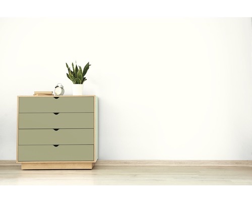 Kommode mit vier Schubladen, einer Pflanze, einem Wecker und Büchern