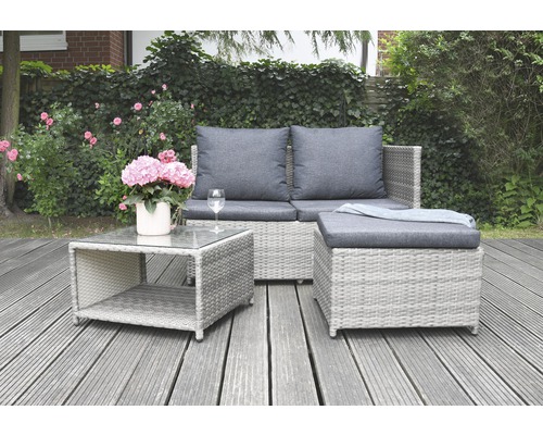 Balkon-Set Bellavista Lounge Amalfi bestehend aus: Sofa, Hocker, Tisch grau Gartenmöbelset mit Sofa, Hocker und Tisch aus Polyrattan mit Glasplatte
