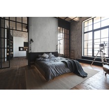 Helles Schlafzimmer im Loftstil mit Bett, Teppich und großen Fenstern