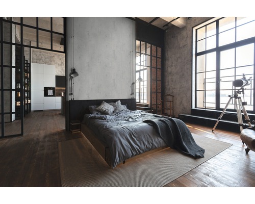 Helles Schlafzimmer im Loftstil mit Bett, Teppich und großen Fenstern