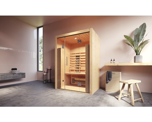 Innenraum mit Holzsauna, Sitzhocker und Ablagefläche