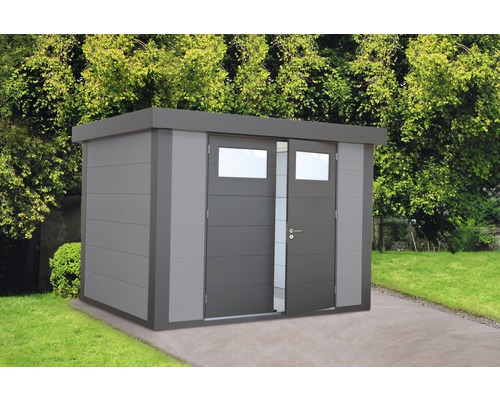 Gartenhaus Classico 2724 inkl. Regenrinne 288 x 258 cm lichtgrau Gartenhaus mit Doppeltür und Fenster im Garten
