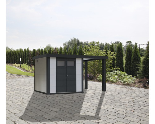 Gartenhaus Classico 2724 inkl. Regenrinne mit Seitendach rechts 456 x 259 cm weiß Gartenhaus mit Anbau im Außenbereich