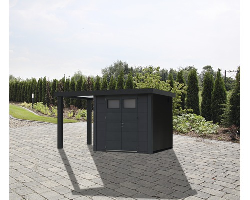 Gartenhaus Classico 3024 inkl. Regenrinne mit Seitendach links 486 x 259 cm granitgrau