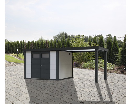 Gartenhaus Classico 2724 inkl. Regenrinne mit Seitendach rechts 551 x 238 cm weiß