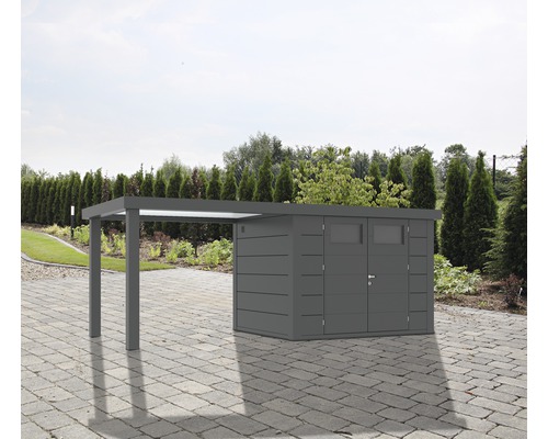 Gartenhaus Classico 3024 inkl. Regenrinne mit Seitendach links 602 x 259 cm granitgrau