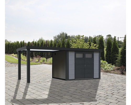 Gartenhaus Classico 2724 inkl. Regenrinne mit Seitendach links 572 x 259 cm lichtgrau