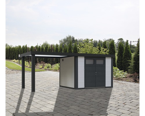 Gartenhaus Classico 3024 inkl. Regenrinne mit Seitendach links 602 x 259 cm weiß Gartenhaus mit Carport auf gepflastertem Untergrund