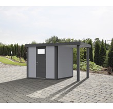 Gartenhaus mit Anbau auf gepflastertem Untergrund