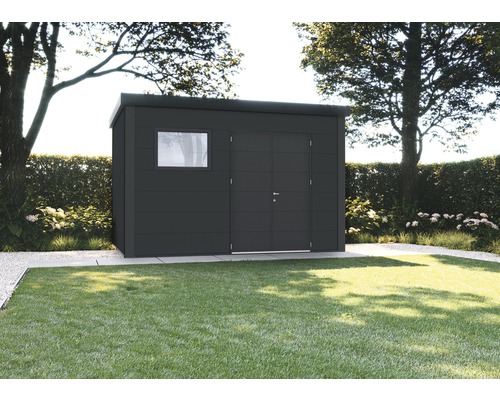 Gartenhaus Classico 3930 inkl. Regenrinne, Fenster 408 x 318 cm granitgrau Gartenhaus aus Metall mit Fenster und Doppeltür im Garten