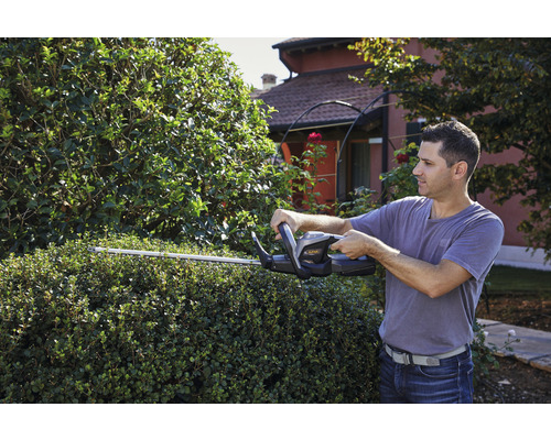 Ein Mann schneidet eine Hecke mit einer Heckenschere im Garten.