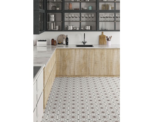 Küchenszene mit Spüle, Arbeitsplatte und gemusterten Fliesen