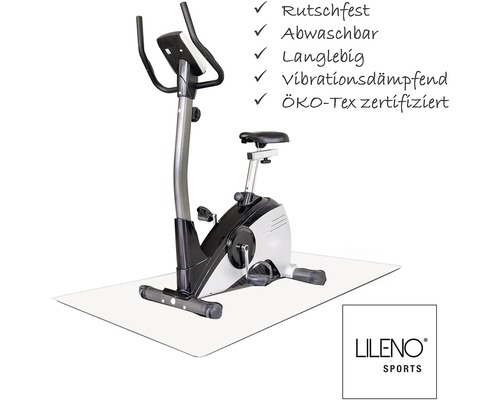 Heimtrainer auf Bodenschutzmatte mit den Aufschriften rutschfest, abwaschbar, langlebig, vibrationsdämpfend und Öko-Tex zertifiziert, Lileno Sports Logo
