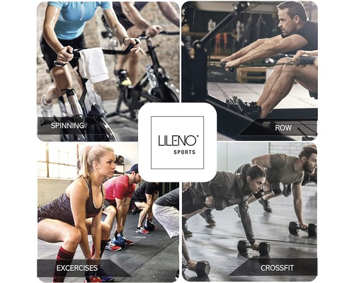 Collage verschiedener sportlicher Aktivitäten: Spinning, Rudern, Übungen, Crossfit und LILENO Sports Logo