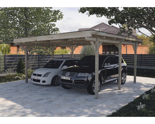 Doppelcarport weka 616 500 x 500 cm kesseldruckimprägniert Doppelcarport aus Holz mit zwei geparkten Autos