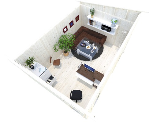 Innenansicht eines Holzgartenhauses mit Büromöbeln und Sitzecke