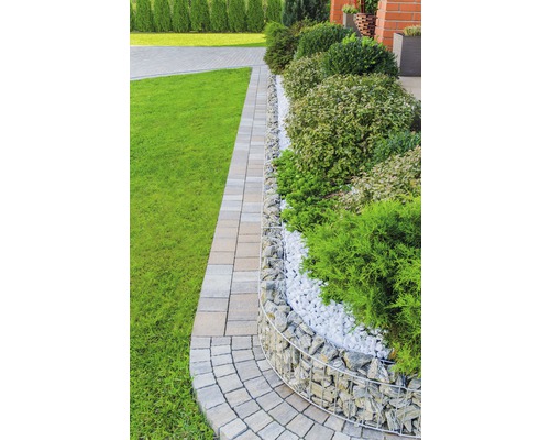 Garten mit Gabionenwand, Pflanzen und Rasenfläche
