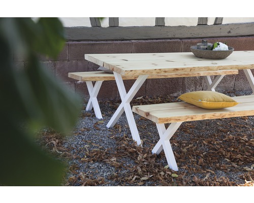 Gartentisch mit Bänken und weißem Gestell
