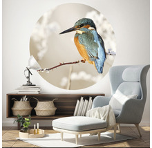 Wandbild mit einem Eisvogel auf einem Ast in einem Wohnzimmer.