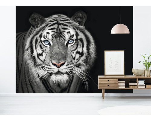 Wand mit Fototapete eines weißen Tigers in einem Wohnzimmer