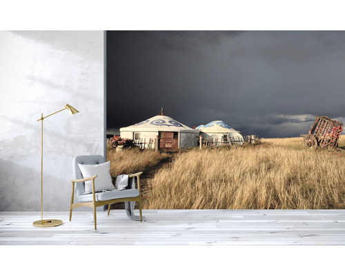 Fototapete mit Darstellung von Jurten in einer Steppenlandschaft