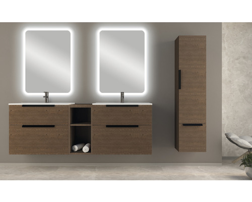 Modernes Badezimmer-Set mit Waschtischunterschrank, Aufsatzwaschbecken, beleuchteten Spiegeln und Hochschrank