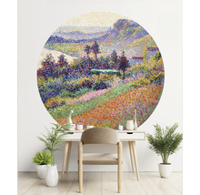 Runde Wanddekoration mit Landschaftsmotiv über Schreibtisch