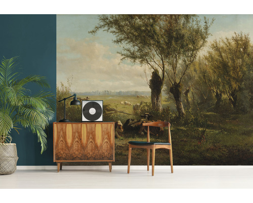 Wandbild mit Landschaftsmalerei im klassischen Stil, mit Baum, Schafen und grüner Wiese