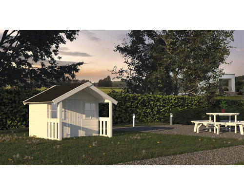 Spielhaus Kinderspielhaus Palmako Felix Holz grundiert Garten mit Gartenhaus und Picknicktisch