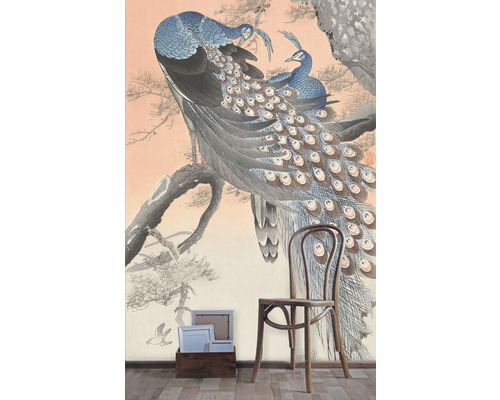 Tapete mit Pfauenmotiv und hölzernem Stuhl im Raum