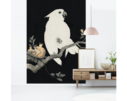 Fototapete mit Kakadu auf einem Ast, Interieur mit Kommode und Lampe