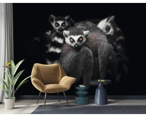Wohnraum mit Fototapete, die eine Gruppe Lemuren zeigt