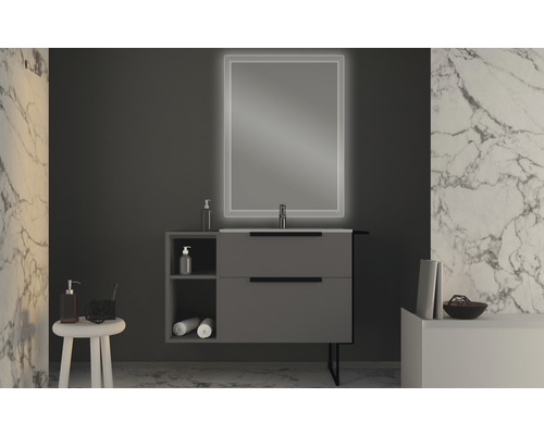 Modernes Badezimmer mit Waschtischunterschrank, Aufsatzwaschbecken und beleuchtetem Spiegel