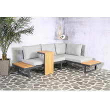 Gartenlounge-Set mit grauem Gestell, hellgrauen Polstern und Beistelltischen aus Holz