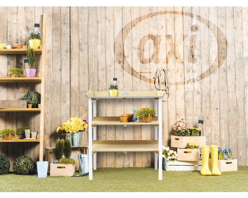 Gartenszene mit Pflanztisch, Pflanzen, Blumen und Gartenzubehör vor einer Holzwand