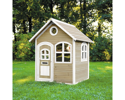 Spielhaus aus Holz mit Tür und Fenster im Garten